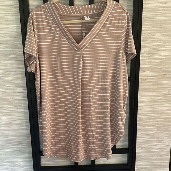NWT Old Navy taupe and white striped V-neck tunic top short sleeve XL - Picture 1 of 4